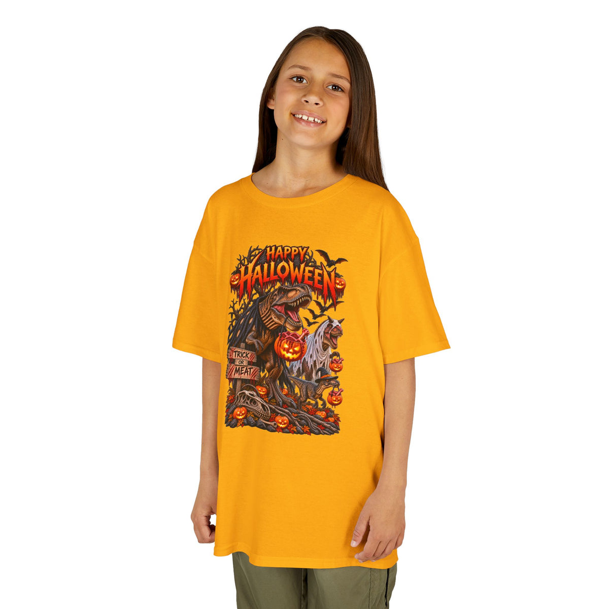 Kids Halloween Tee – "Happy Halloween" Scary Pumpkin Dinosaur Graphic