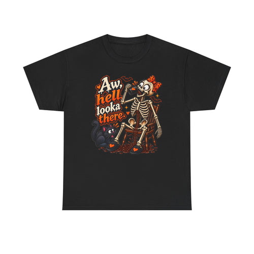 Aw, Hell Looka There Skeleton Tee — Halloween Cat Vintage Graphic T-Shirt