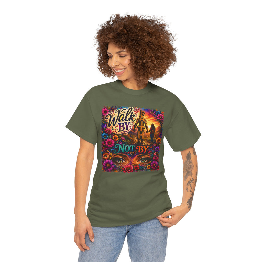 T‑Shirt — "Walk By Faith Not By Sight" Colorful Sunset Silhouette Christian Tee