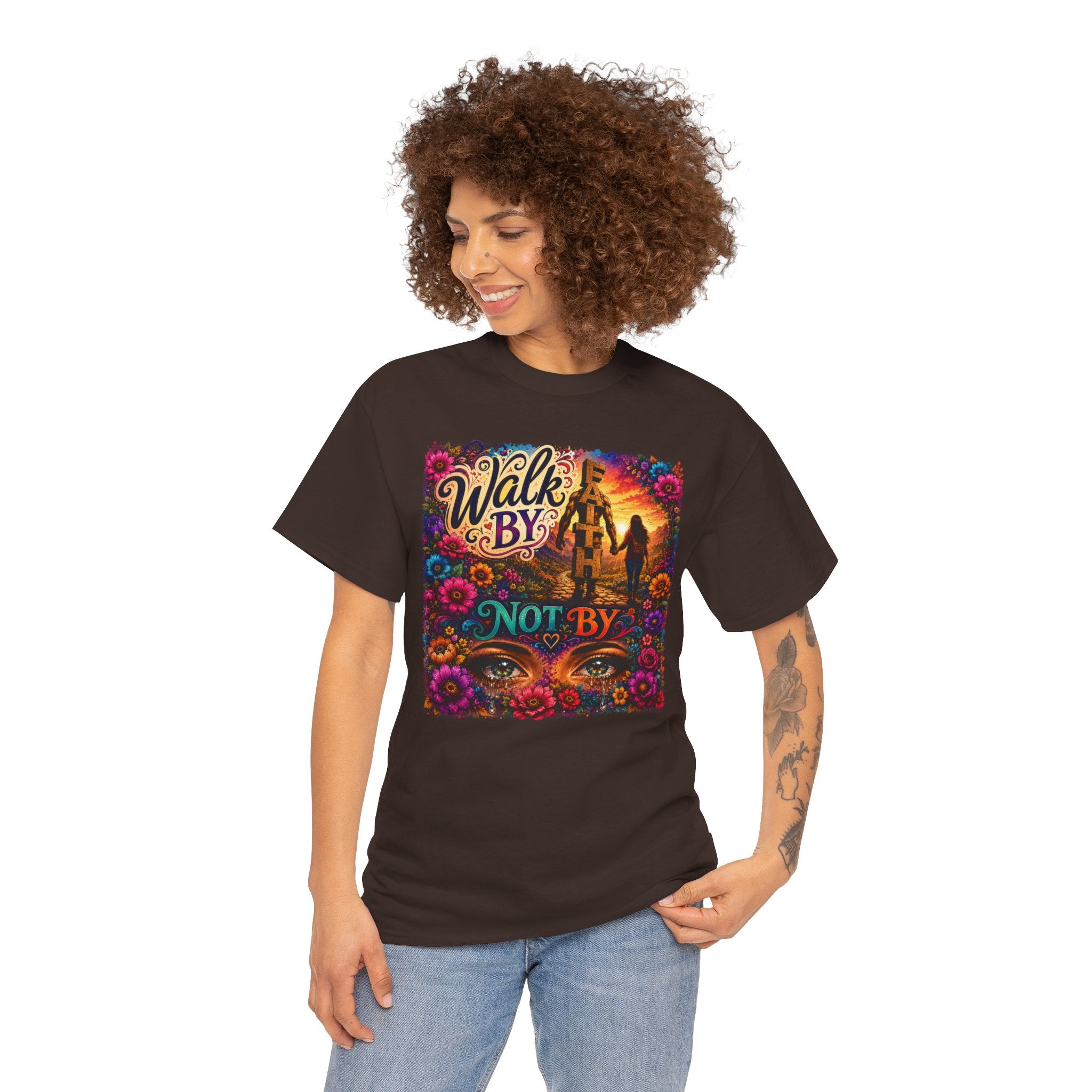T‑Shirt — "Walk By Faith Not By Sight" Colorful Sunset Silhouette Christian Tee