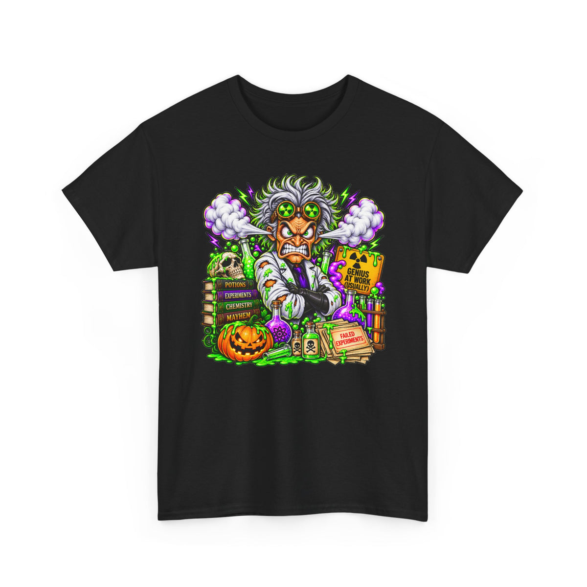 Mad Scientist Halloween Tee — Creepy Lab, Pumpkin & Potion Graphic T-Shirt