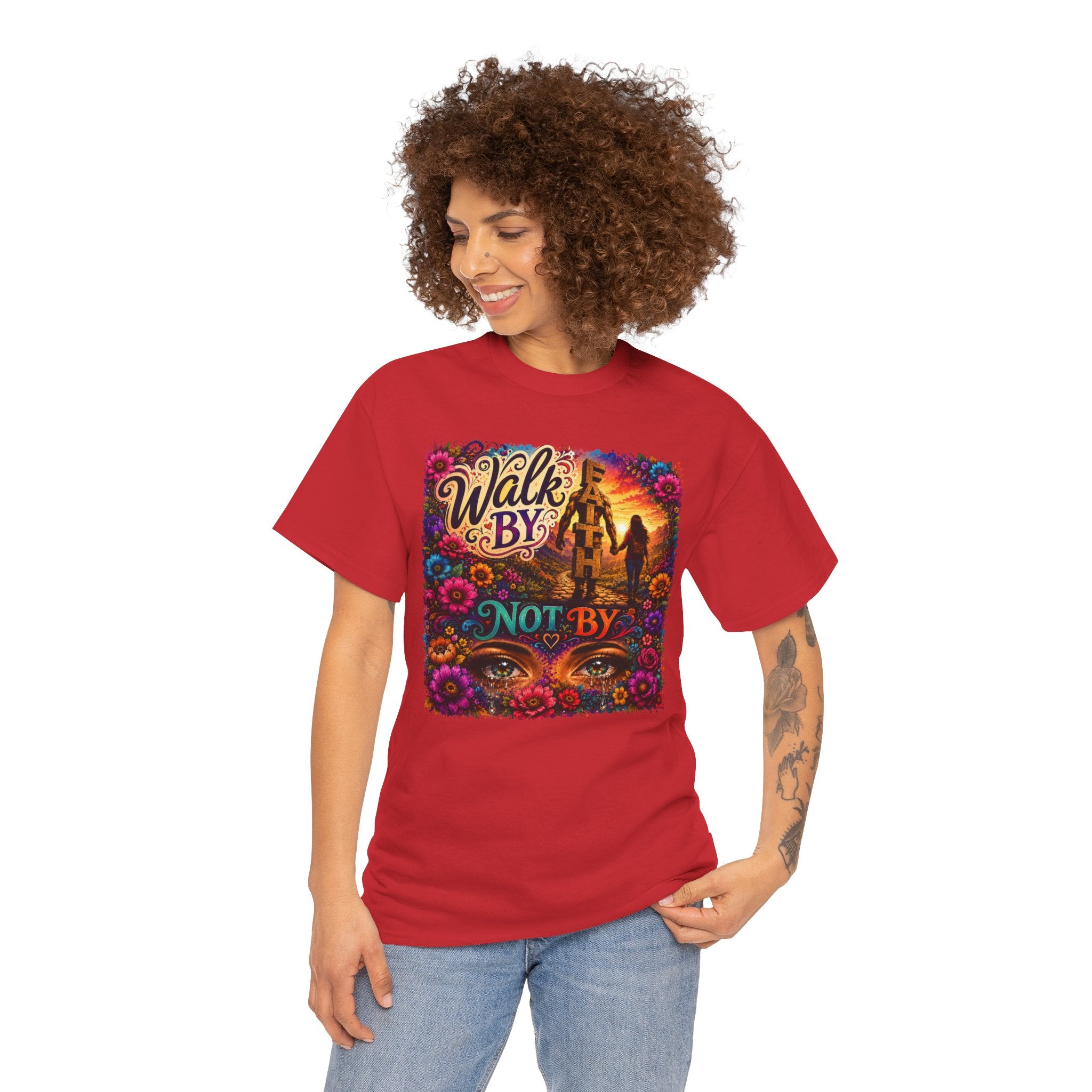 T‑Shirt — "Walk By Faith Not By Sight" Colorful Sunset Silhouette Christian Tee