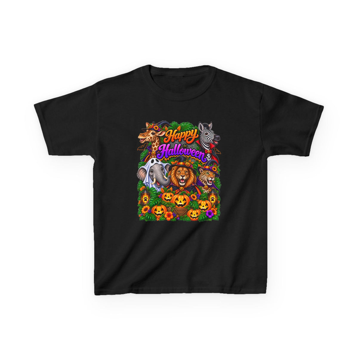 Kids Halloween Animal Costume Tee — “Happy Halloween” Pumpkin & Lion Design