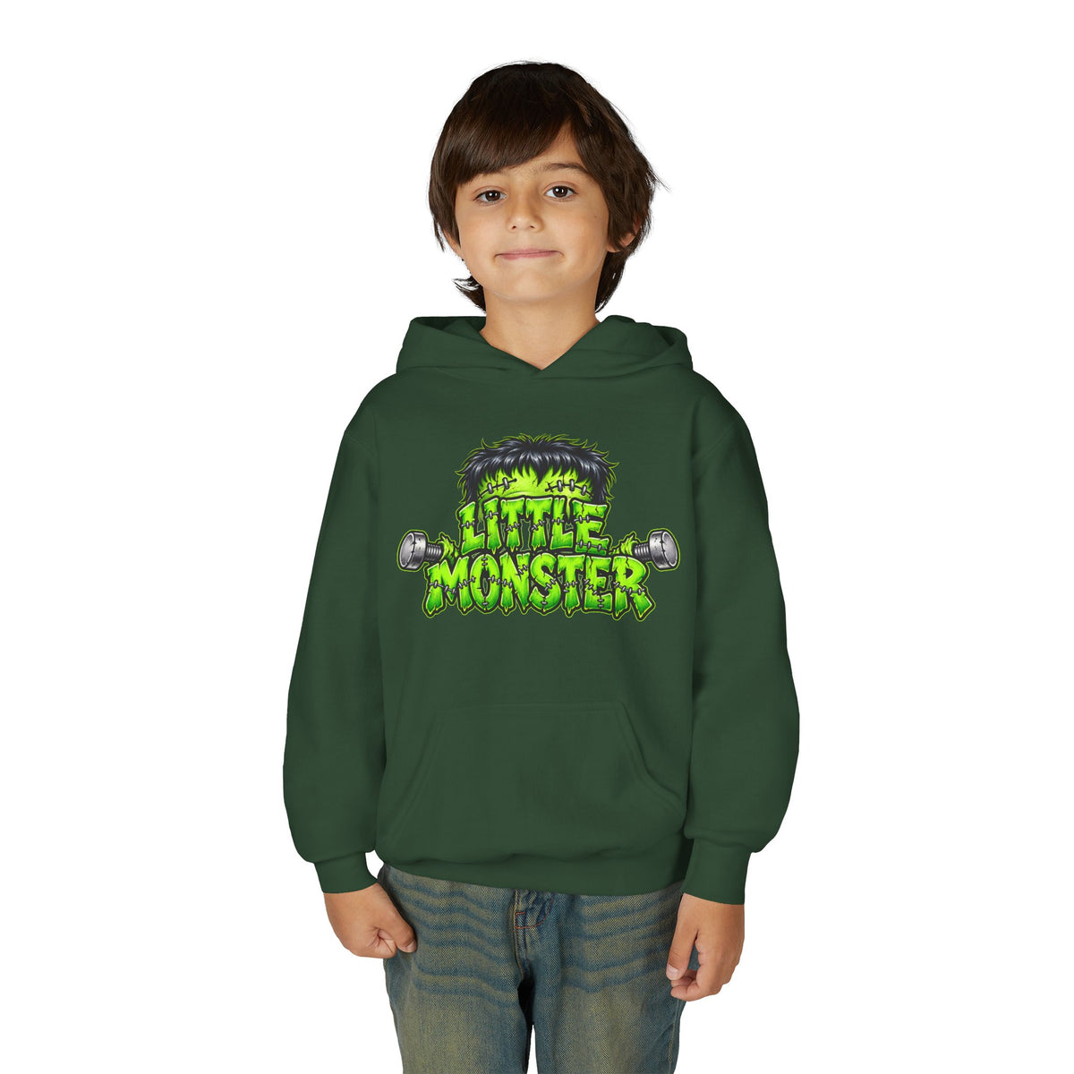 Youth Hoodie "Little Monster" Green Cartoon Kids Sweatshirt
