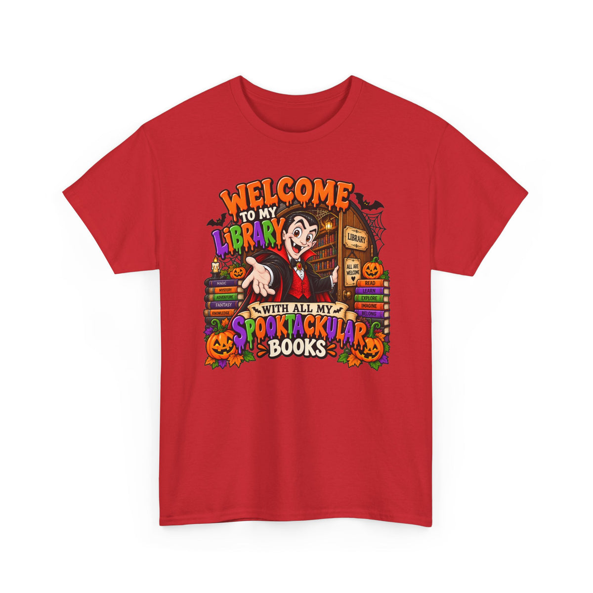 Halloween Vampire Book Lover T-Shirt — "Welcome to My Library with All My Spooktacular Books"