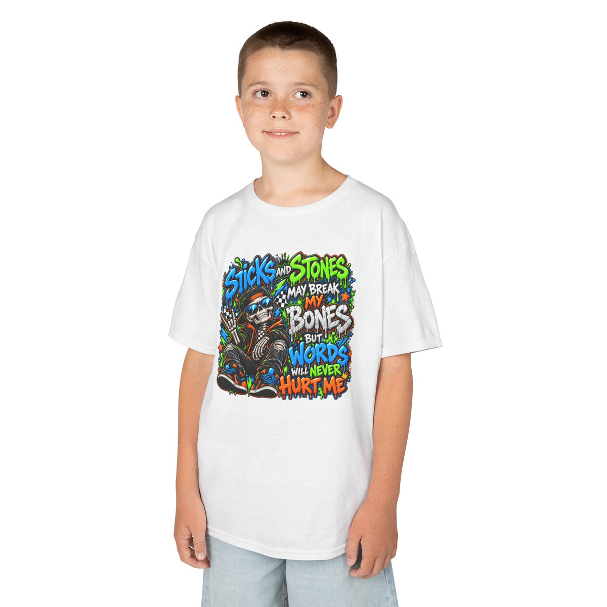 Kids T‑Shirt - Colorful 'Sticks and Stones May Break My Bones But Words Will Never Hurt Me' Graphic Tee