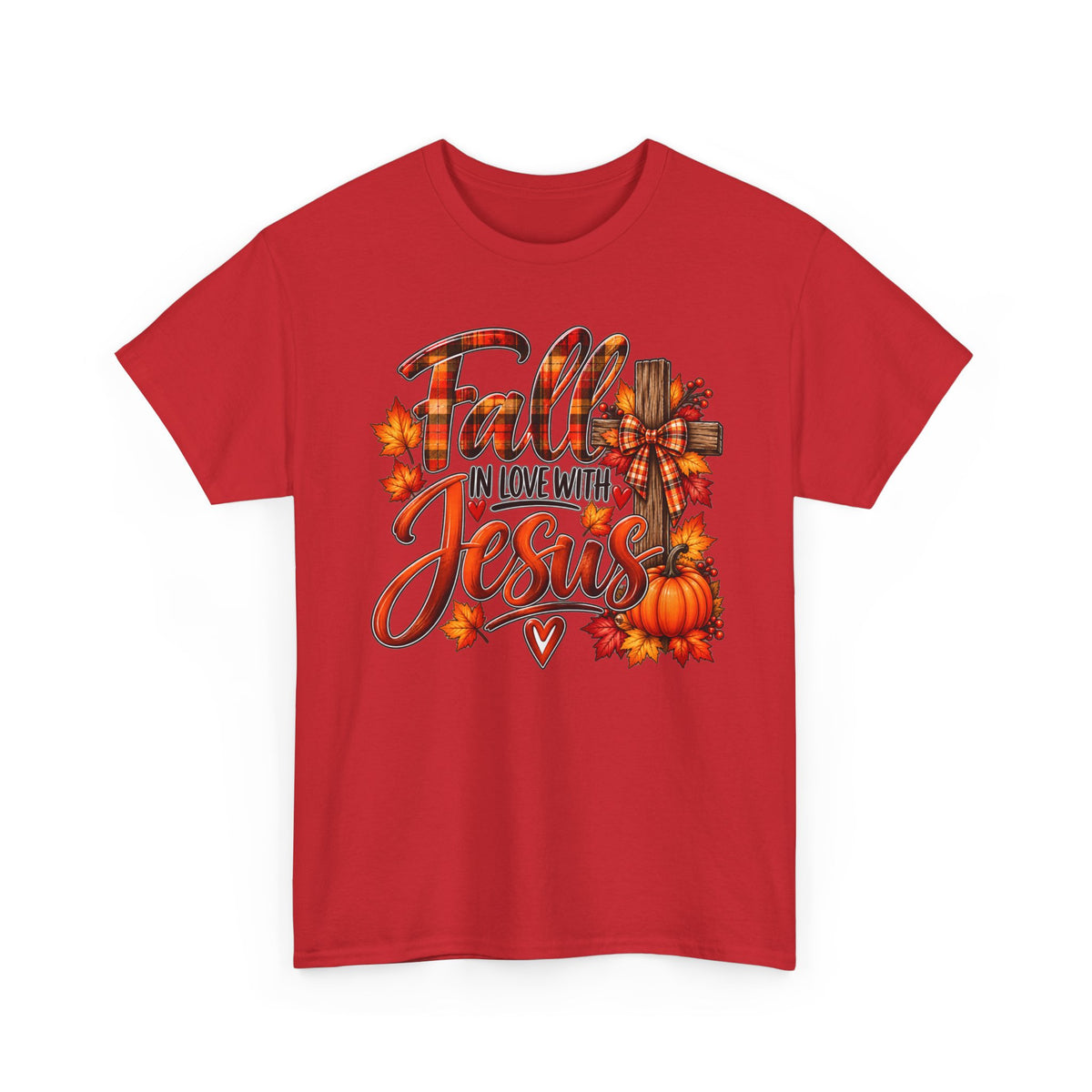 Fall in Love with Jesus T-Shirt — Autumn Christian Tee with Pumpkins & Leaves