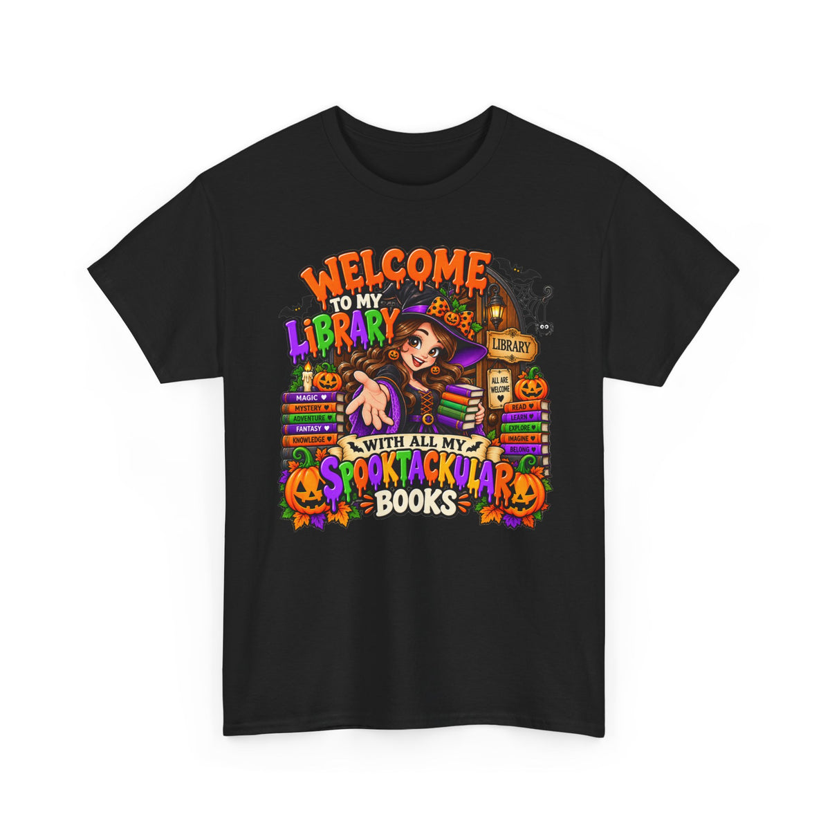 Halloween Library T-Shirt — “Welcome to My Library With All My Spooktackular Books”