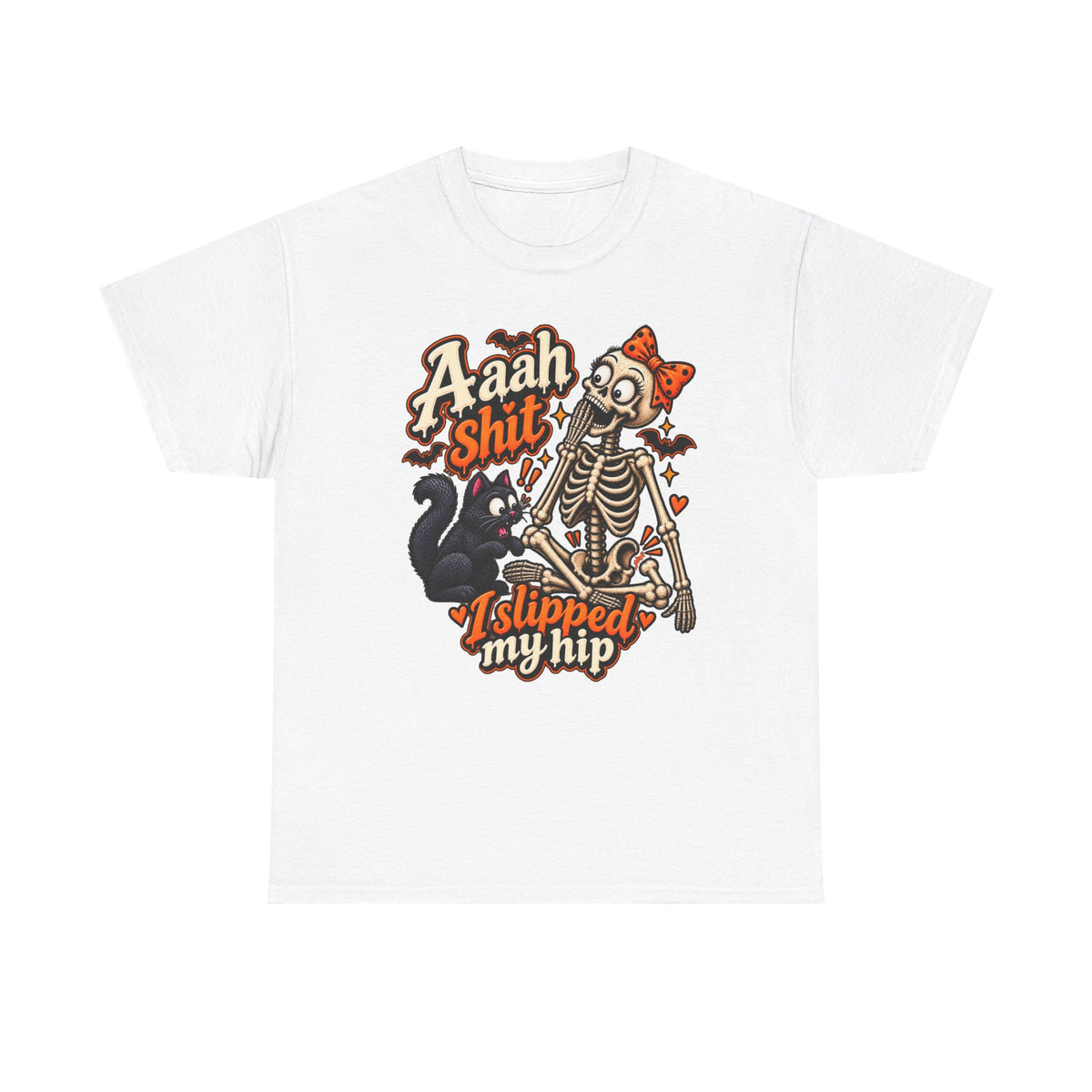 Skeleton Cat Tee — “Aaah Shit I Slipped My Hip” Halloween Graphic T-Shirt