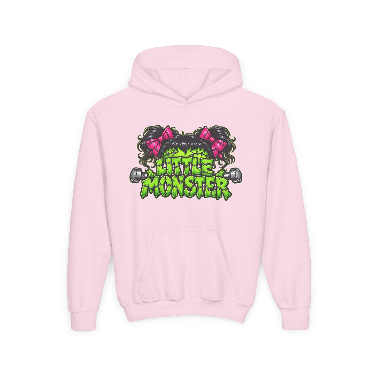 Youth Hoodie — "Little Monster" Cute Green Monster Graphic Sweatshirt