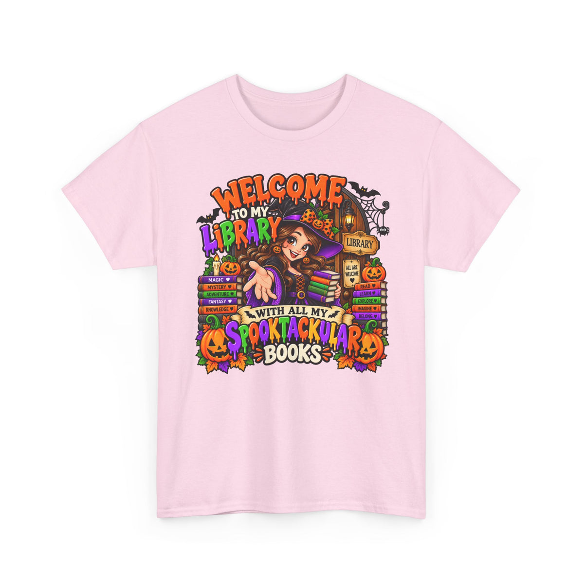 Halloween Library T-Shirt — “Welcome to My Library With All My Spooktackular Books”