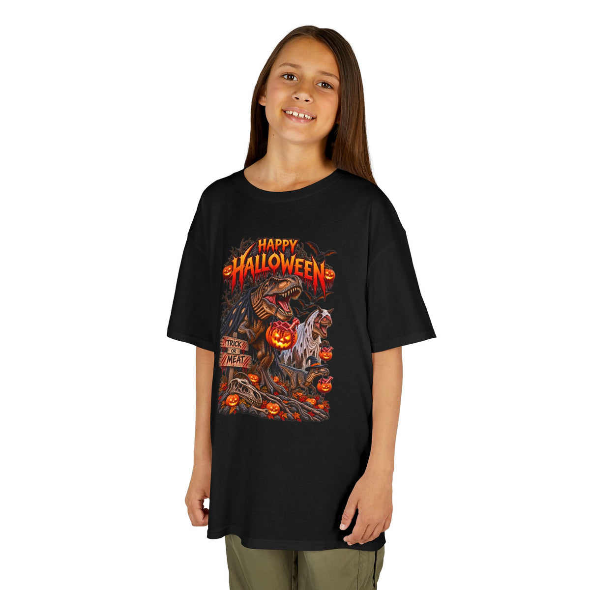 Kids Halloween Tee – "Happy Halloween" Scary Pumpkin Dinosaur Graphic
