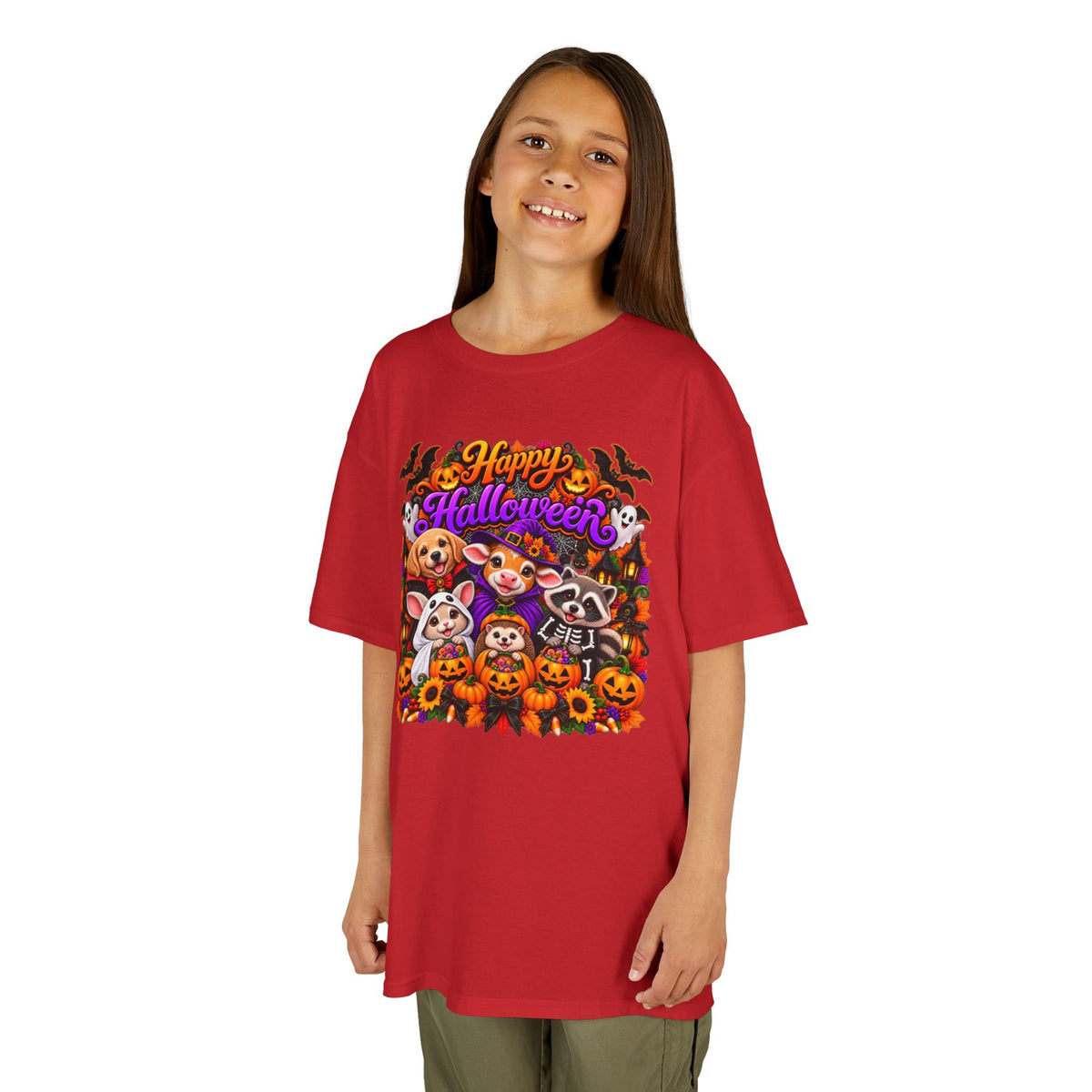 Kids T-Shirt — Colorful 'Happy Halloween' Animal Pumpkin Crew