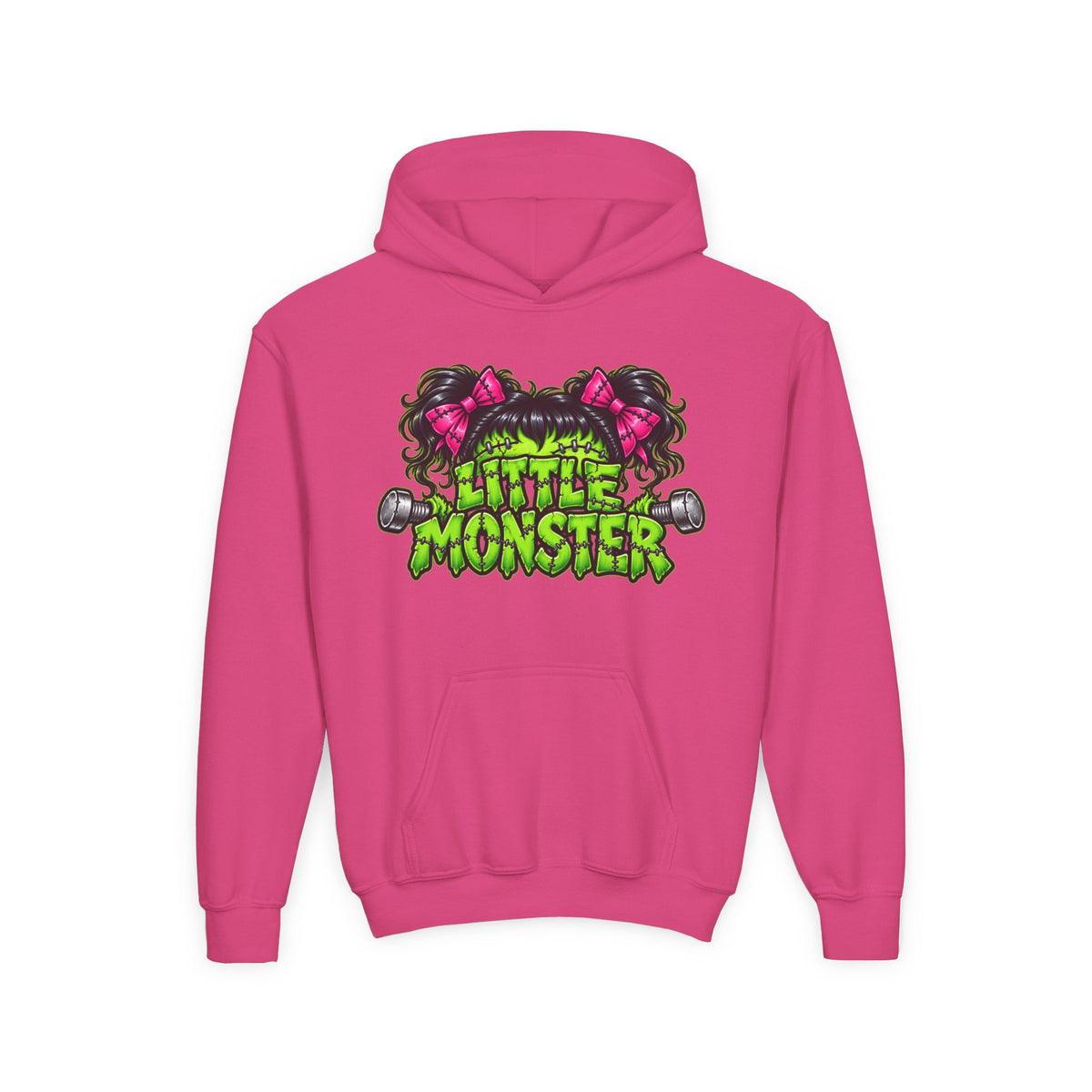 Youth Hoodie — "Little Monster" Cute Green Monster Graphic Sweatshirt