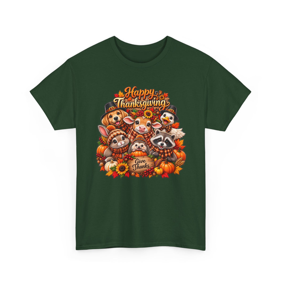 Thanksgiving Animal Friends T-Shirt — "Give Thanks" Cute Fall Turkey, Fox & Raccoon Tee