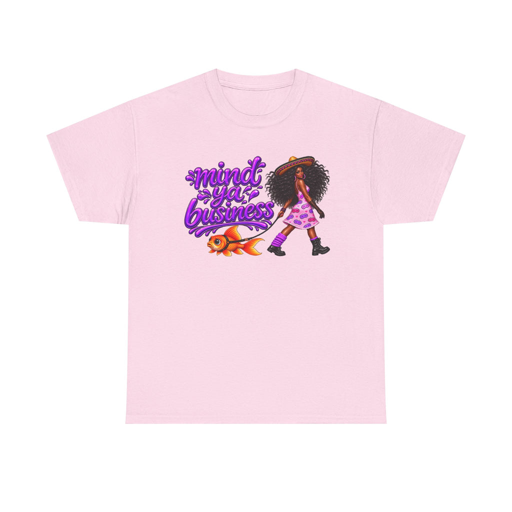 Mind Ya' Business Graphic Tee — Girl Walking with Goldfish Design