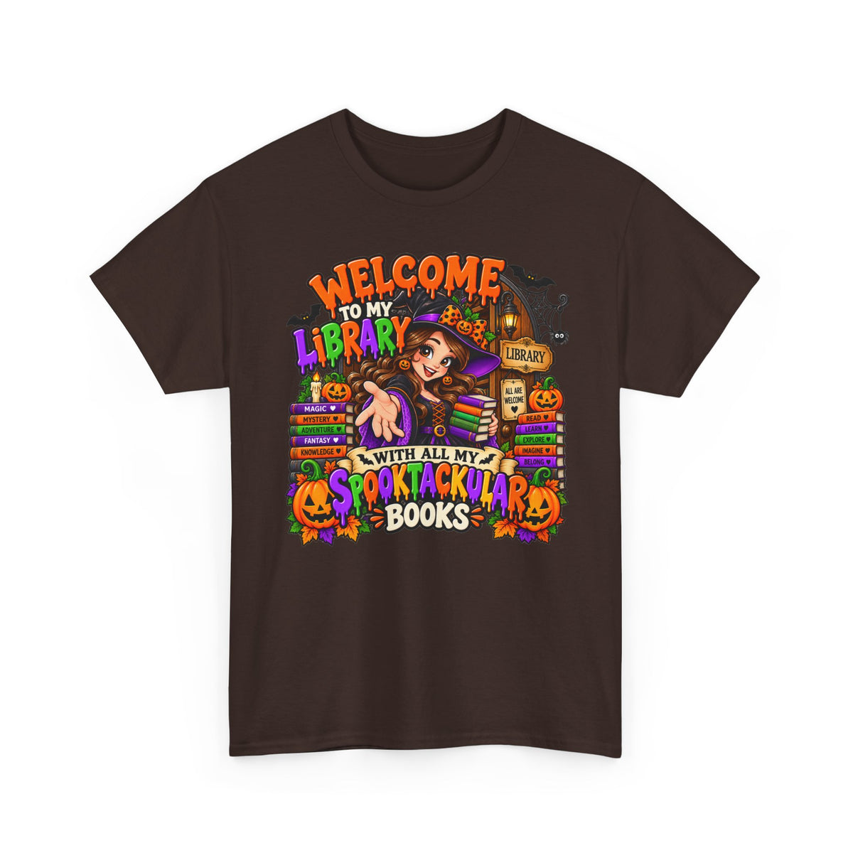 Halloween Library T-Shirt — “Welcome to My Library With All My Spooktackular Books”