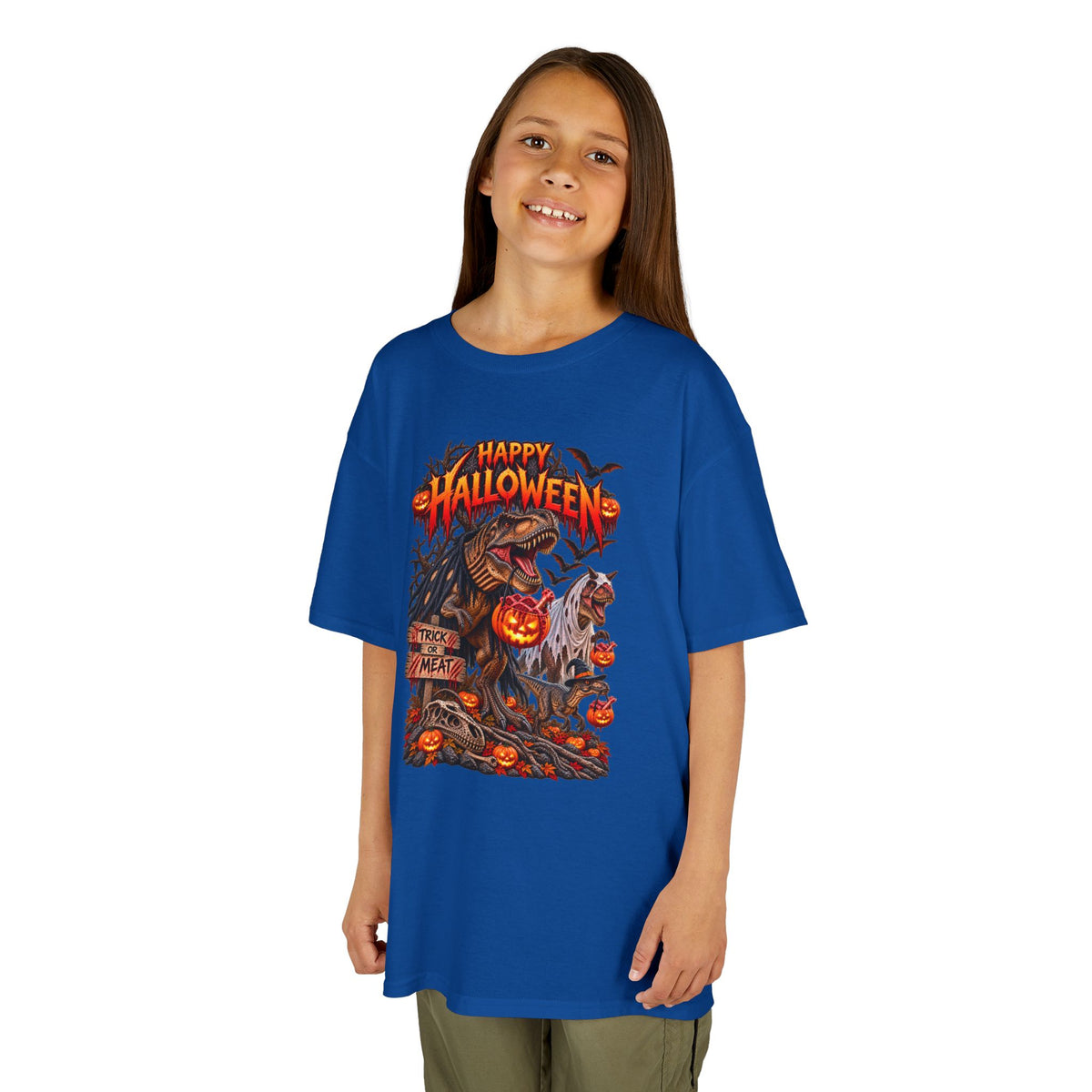 Kids Halloween Tee – "Happy Halloween" Scary Pumpkin Dinosaur Graphic