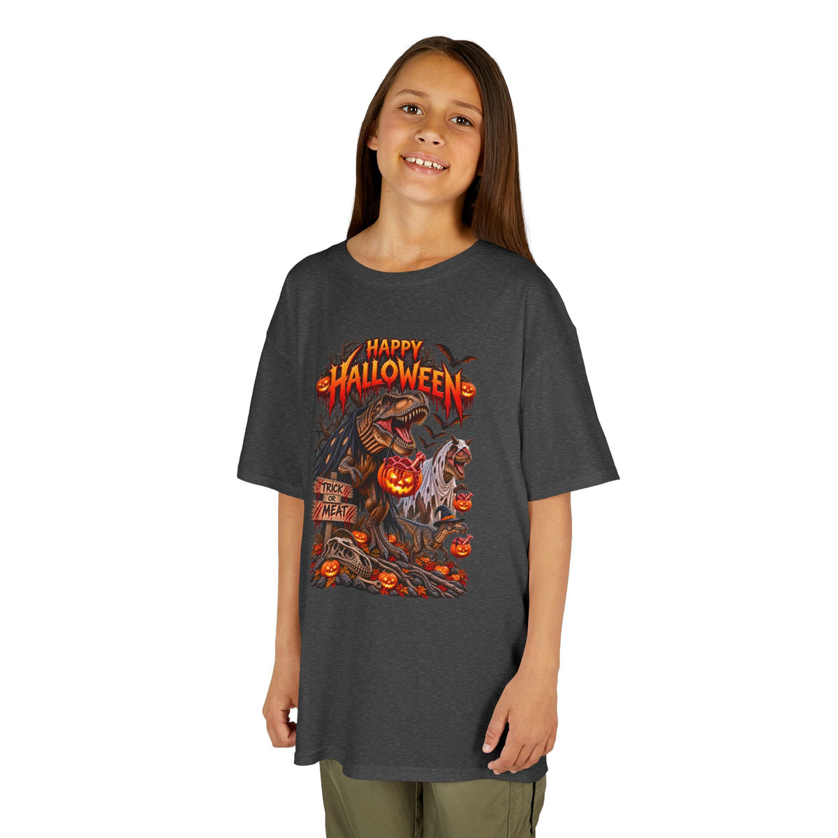 Kids Halloween Tee – "Happy Halloween" Scary Pumpkin Dinosaur Graphic