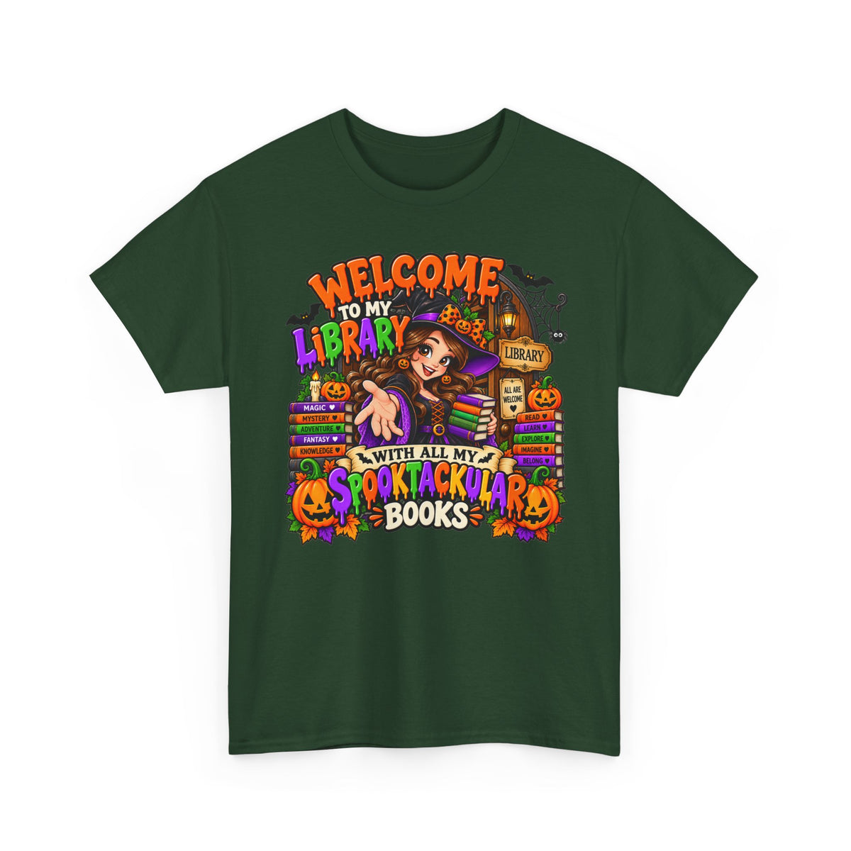 Halloween Library T-Shirt — “Welcome to My Library With All My Spooktackular Books”