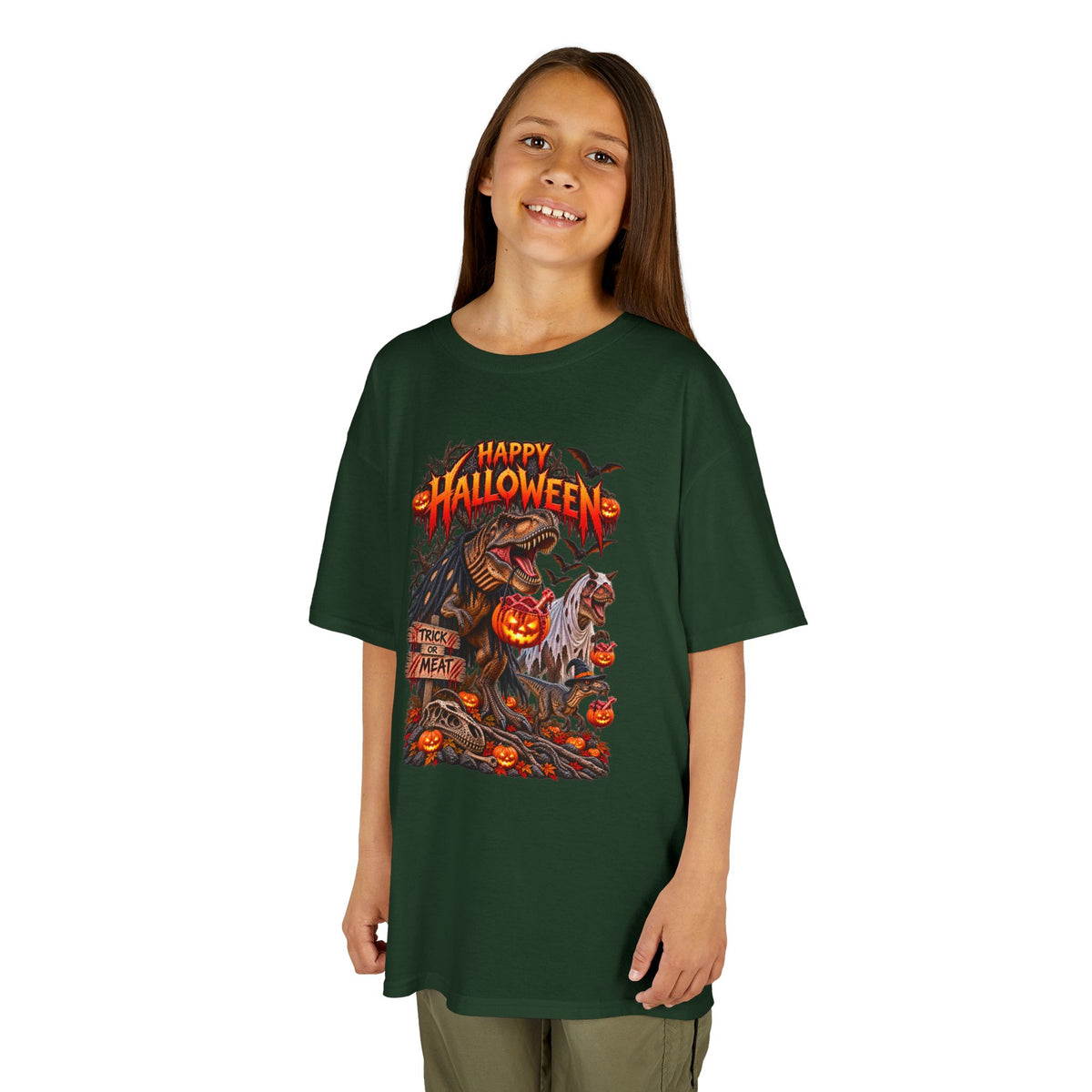 Kids Halloween Tee – "Happy Halloween" Scary Pumpkin Dinosaur Graphic