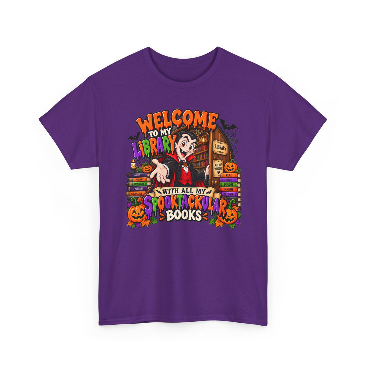 Halloween Vampire Book Lover T-Shirt — "Welcome to My Library with All My Spooktacular Books"
