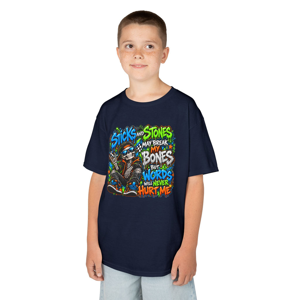 Kids T‑Shirt - Colorful 'Sticks and Stones May Break My Bones But Words Will Never Hurt Me' Graphic Tee