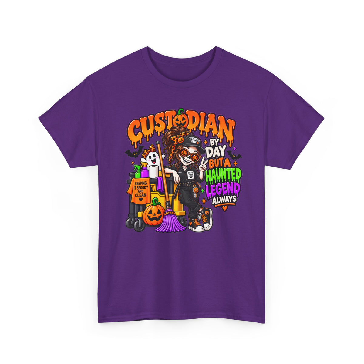Custodian Halloween T‑Shirt – "Custodian by Day but a Haunted Legend Always" Cute Spooky Custodial Crew Tee