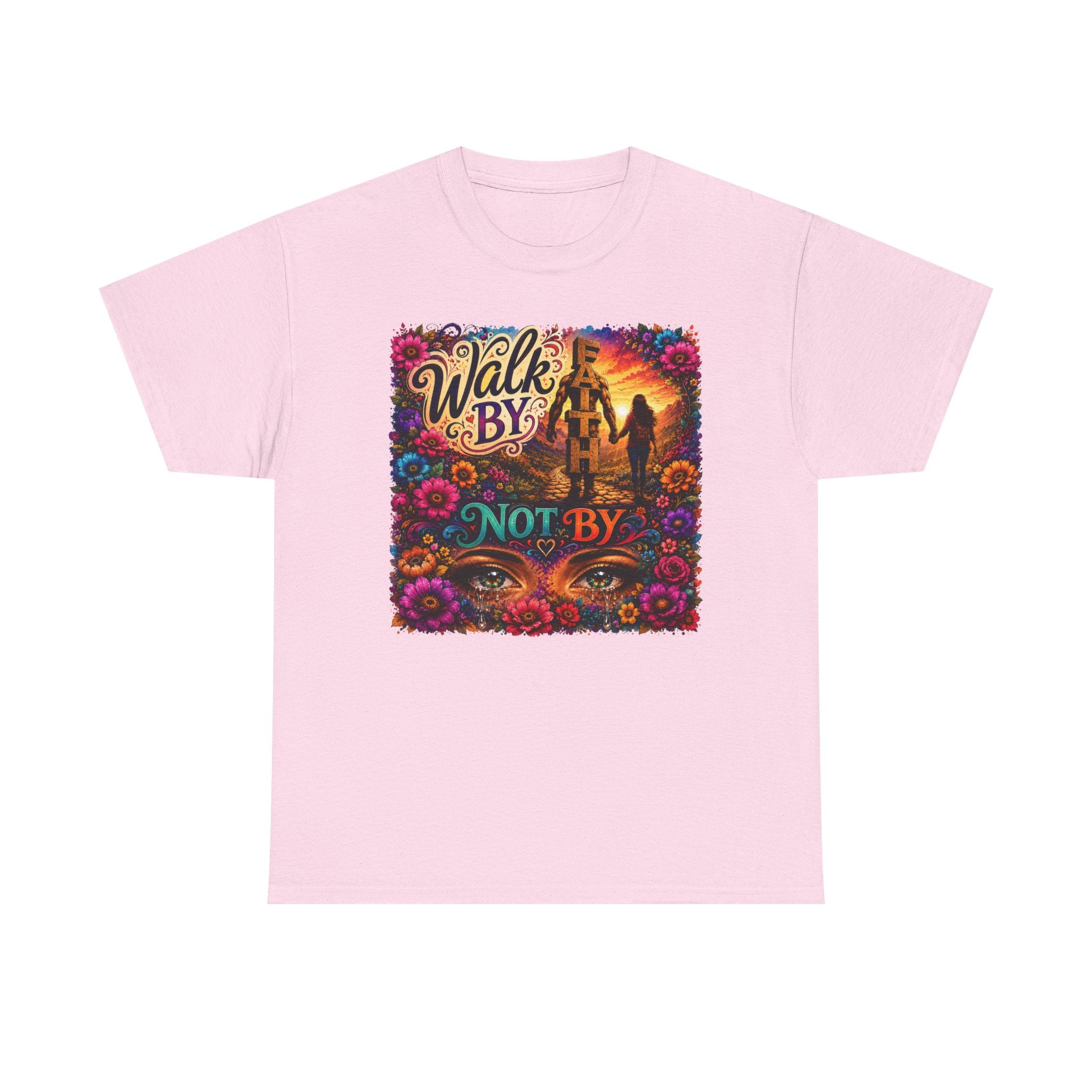 T‑Shirt — "Walk By Faith Not By Sight" Colorful Sunset Silhouette Christian Tee