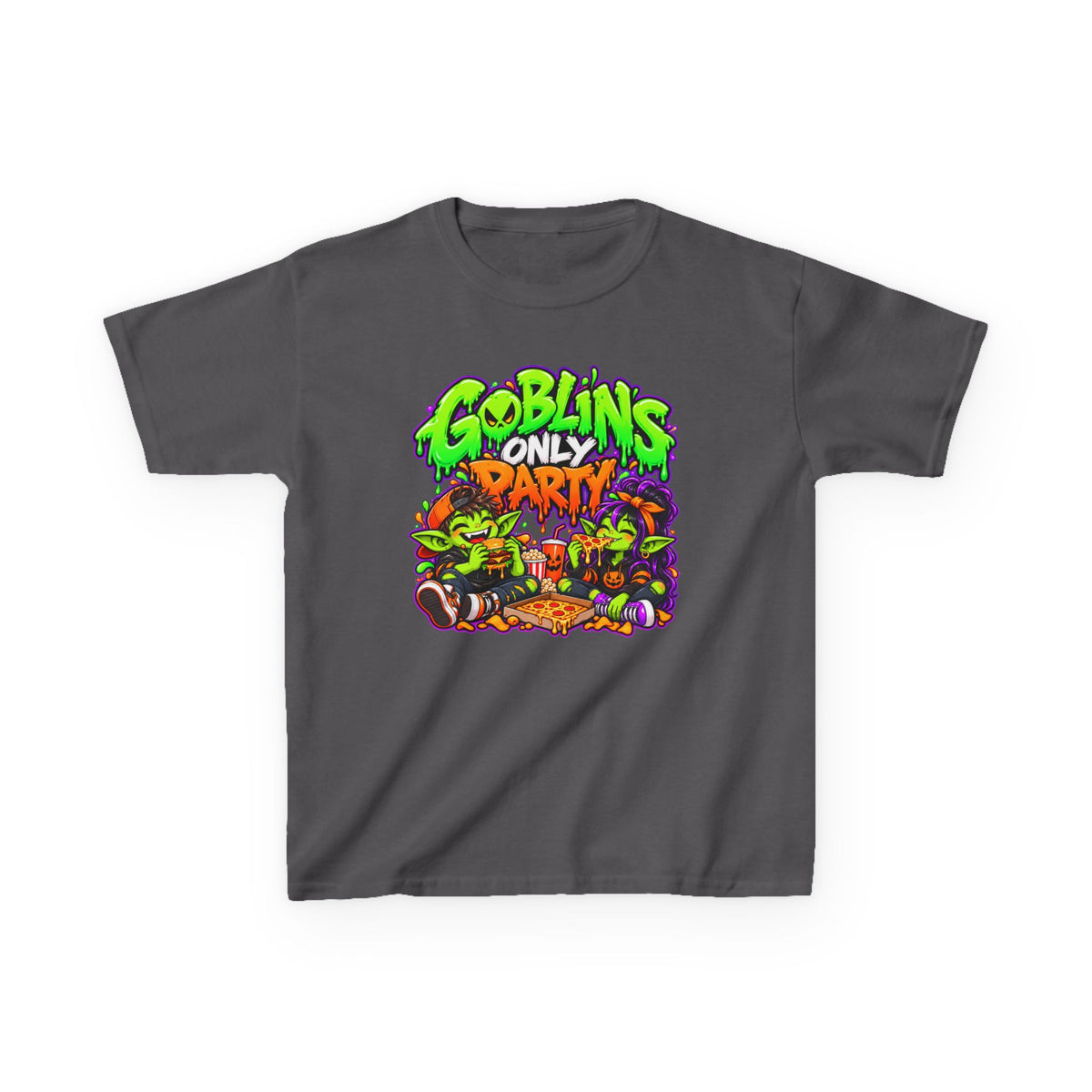 Kids T-Shirt — "Goblins Only Party" Colorful Fantasy Graphic Tee