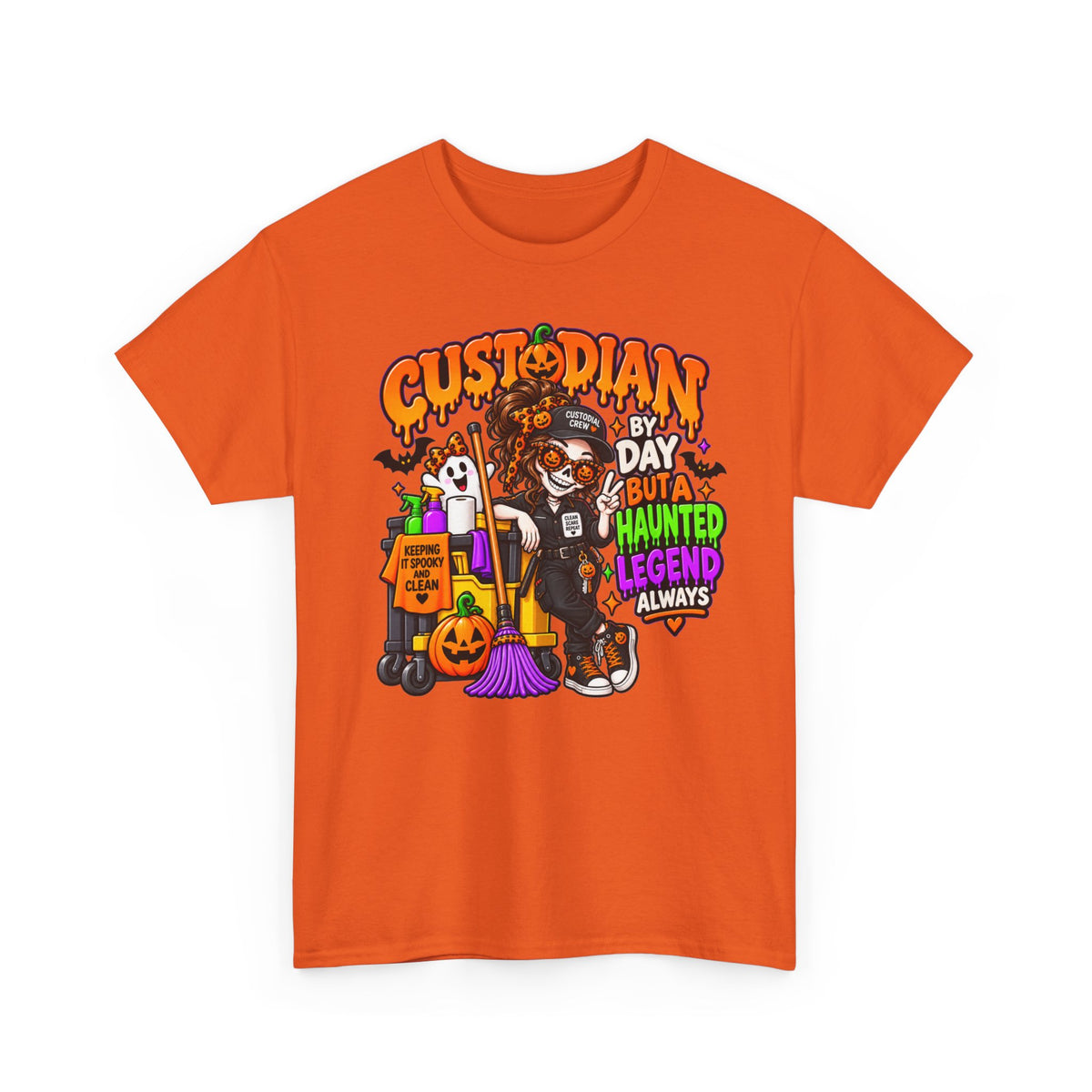 Custodian Halloween T‑Shirt – "Custodian by Day but a Haunted Legend Always" Cute Spooky Custodial Crew Tee