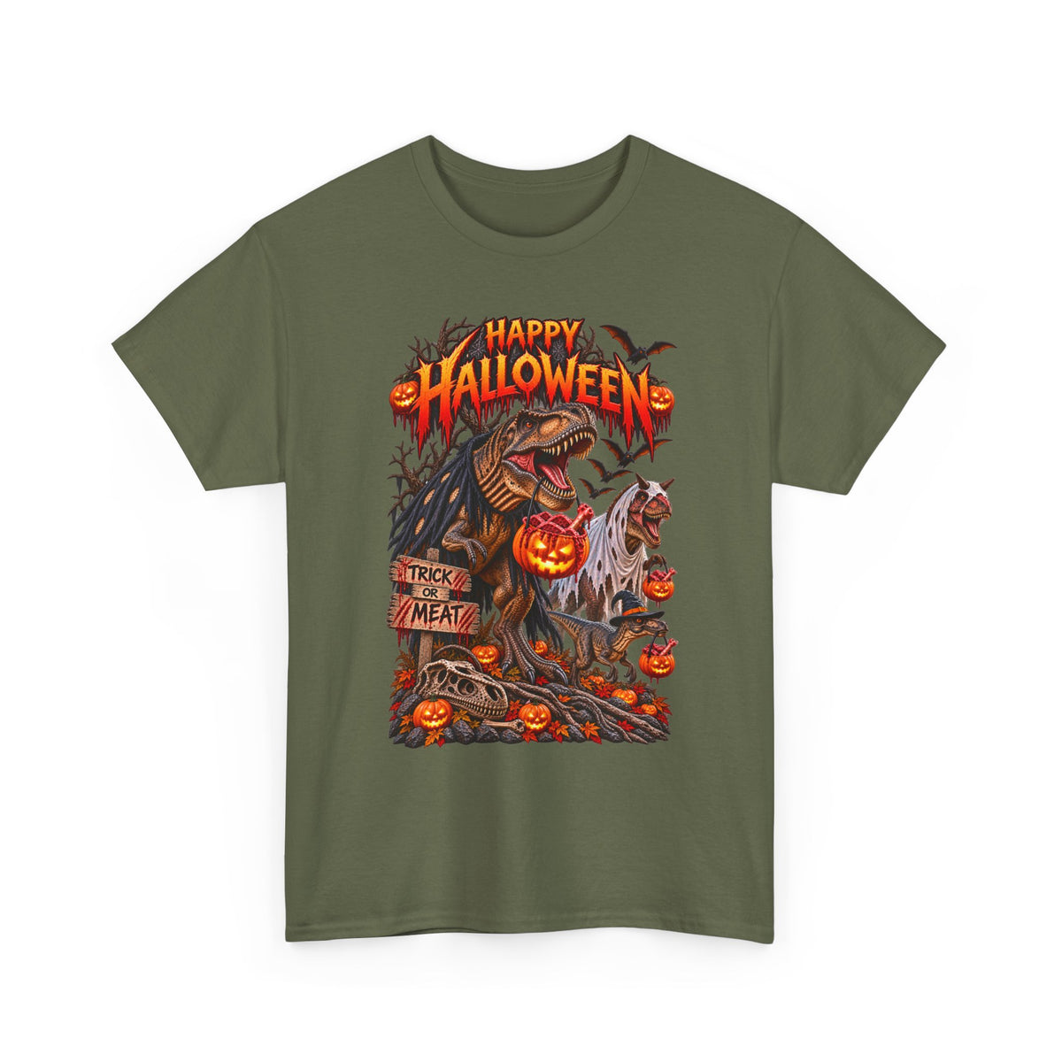 Halloween Dinosaur T‑Shirt — "Happy Halloween" Scary T‑Rex with Jack‑O'Lanterns