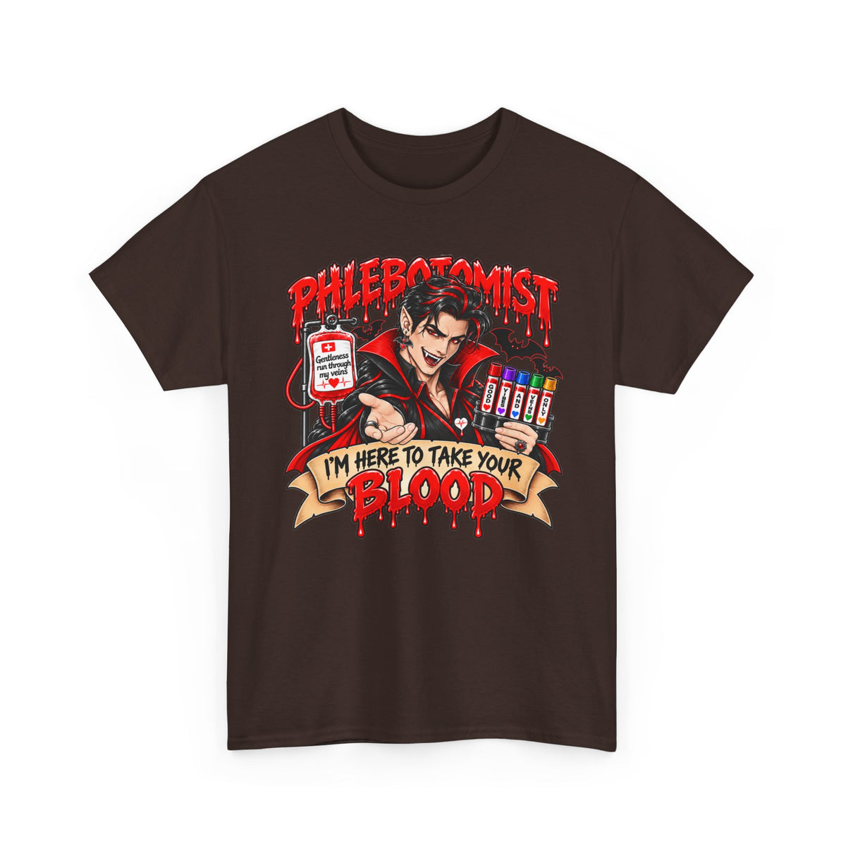 Phlebotomist T-Shirt — "I’m Here to Take Your Blood" Cartoon Vampire Medical Tee