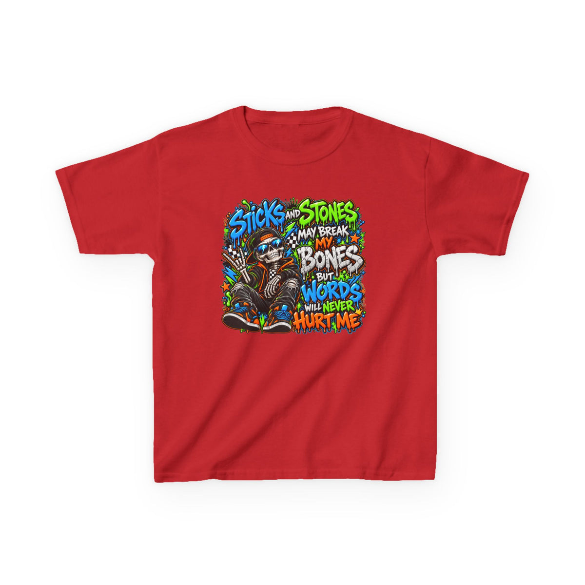 Kids T‑Shirt - Colorful 'Sticks and Stones May Break My Bones But Words Will Never Hurt Me' Graphic Tee