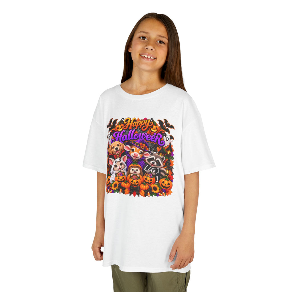 Kids T-Shirt — Colorful 'Happy Halloween' Animal Pumpkin Crew