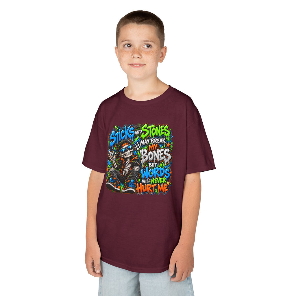 Kids T‑Shirt - Colorful 'Sticks and Stones May Break My Bones But Words Will Never Hurt Me' Graphic Tee