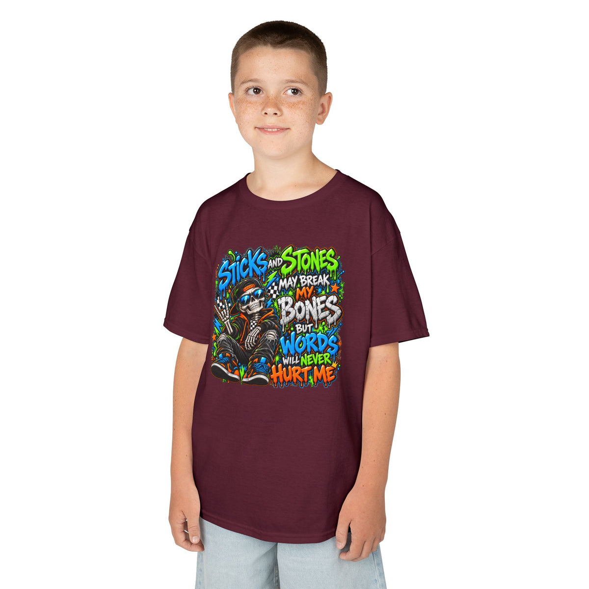 Kids T‑Shirt - Colorful 'Sticks and Stones May Break My Bones But Words Will Never Hurt Me' Graphic Tee