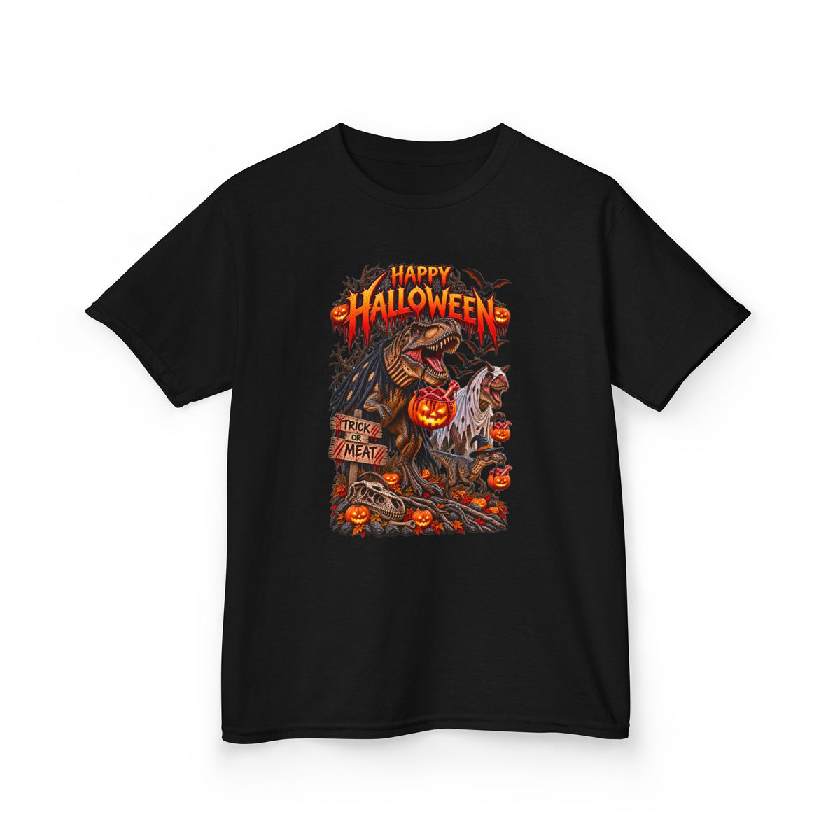 Kids Halloween Tee – "Happy Halloween" Scary Pumpkin Dinosaur Graphic