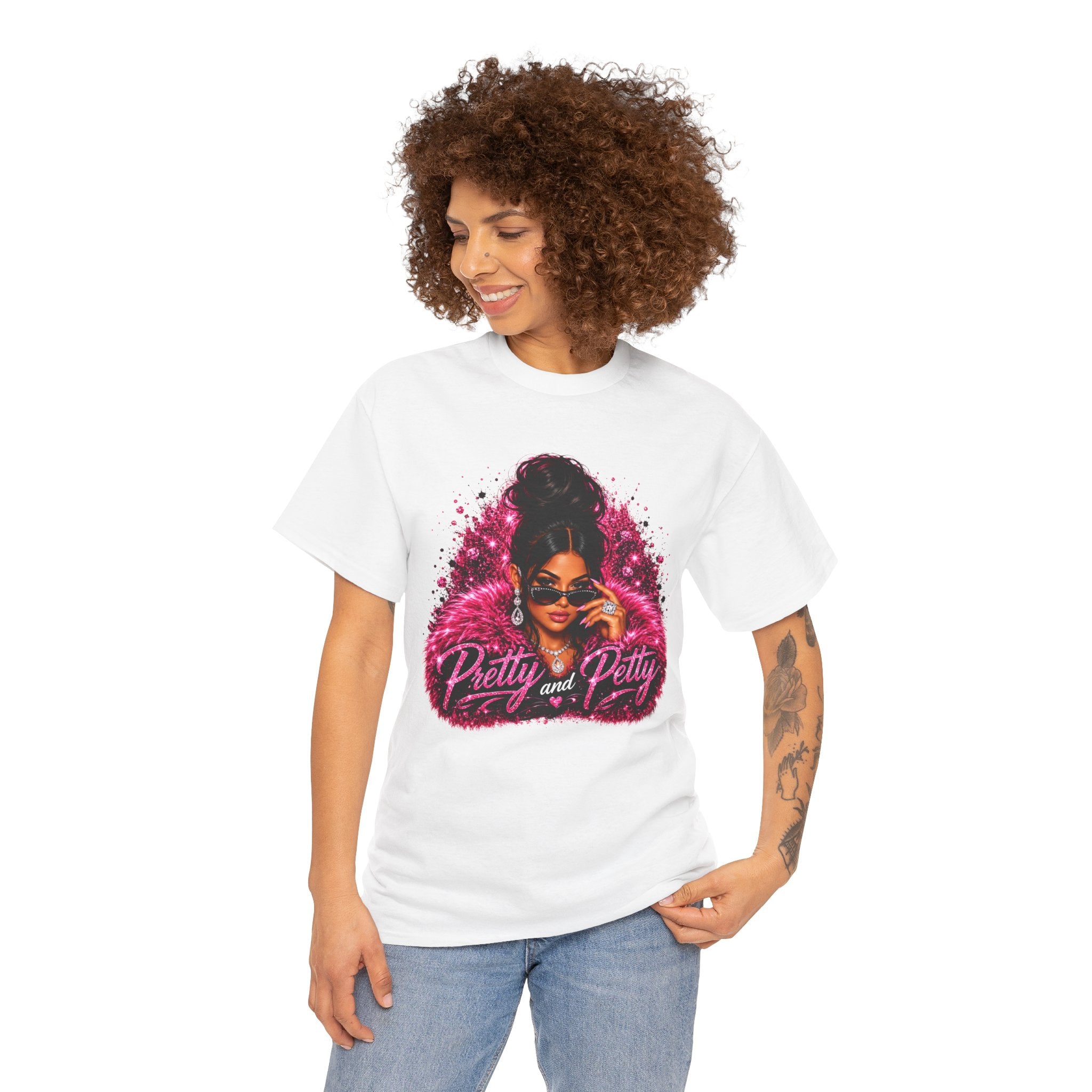 Pretty and Petty Graphic Tee — Bold Pink Afro Chic Women's Shirt