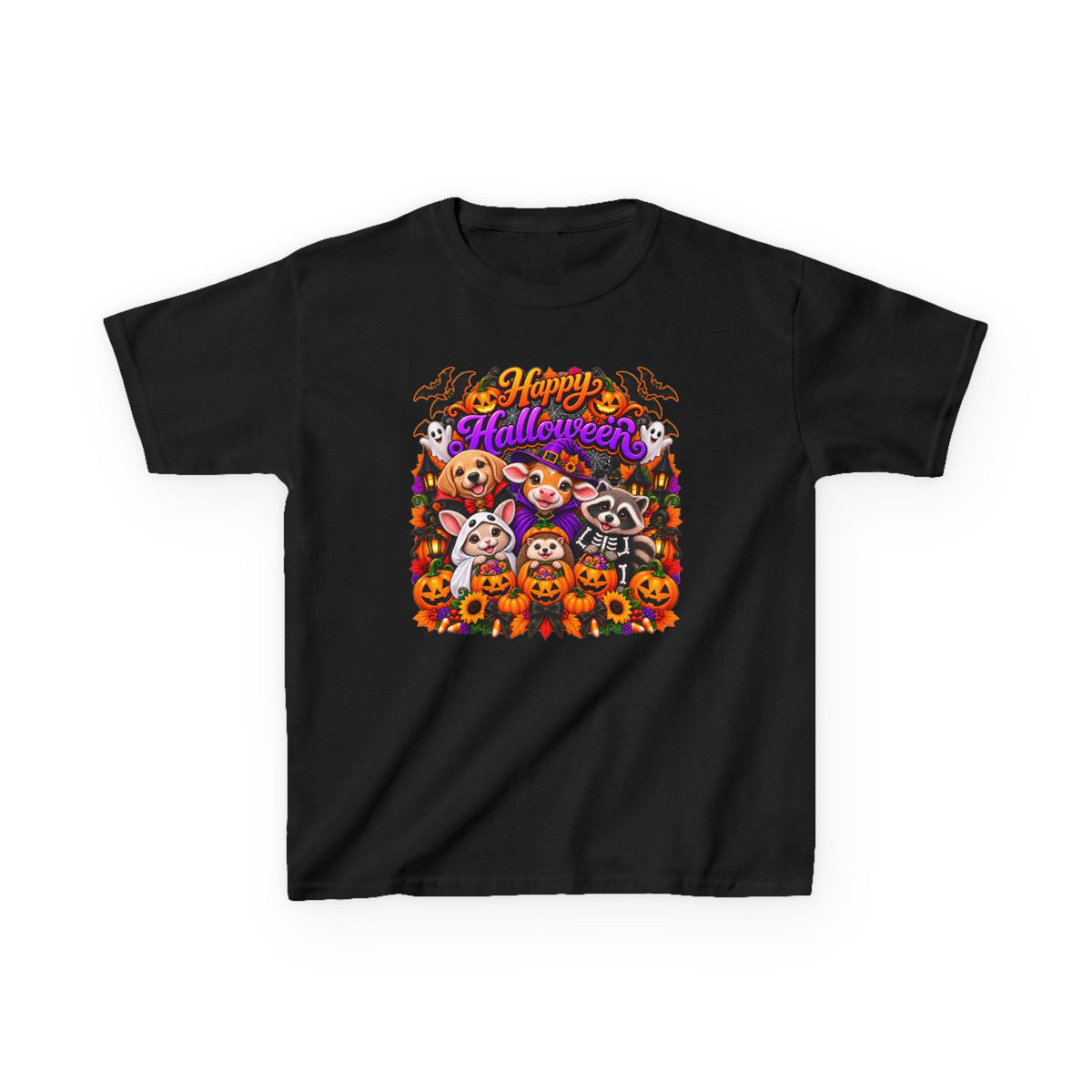 Kids T-Shirt — Colorful 'Happy Halloween' Animal Pumpkin Crew