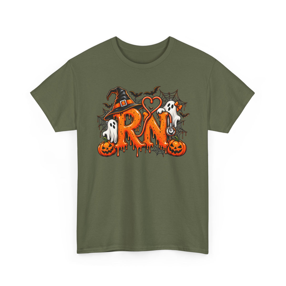 RN Halloween T‑Shirt — Cute Spooky Nurse RN Tee with Pumpkin, Ghosts & Witch Hat