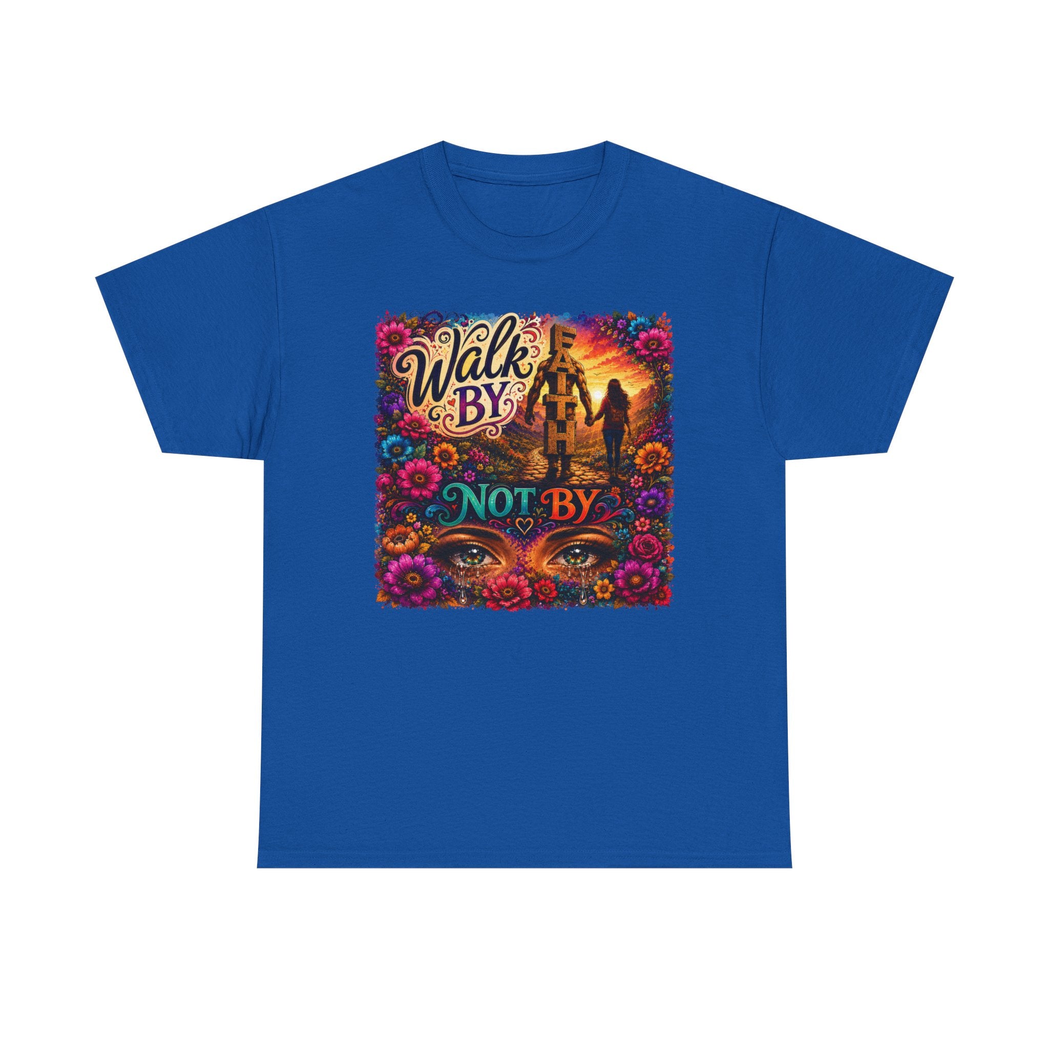T‑Shirt — "Walk By Faith Not By Sight" Colorful Sunset Silhouette Christian Tee