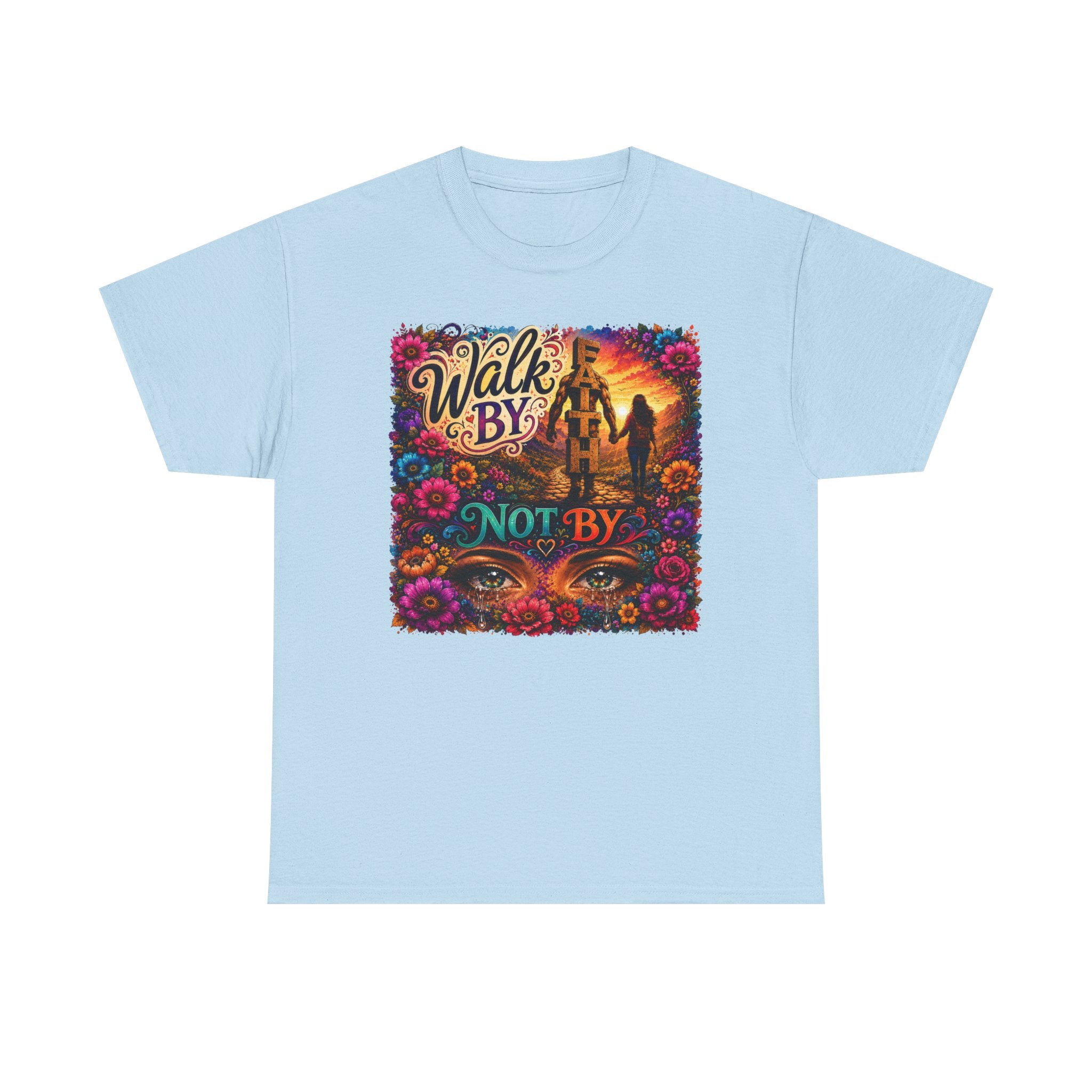 T‑Shirt — "Walk By Faith Not By Sight" Colorful Sunset Silhouette Christian Tee