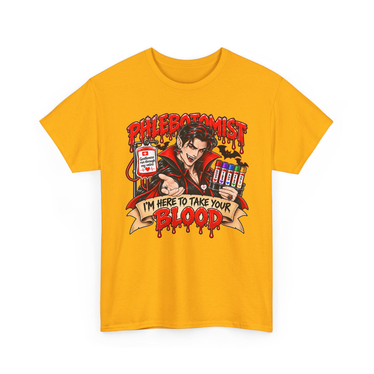 Phlebotomist T-Shirt — "I’m Here to Take Your Blood" Cartoon Vampire Medical Tee