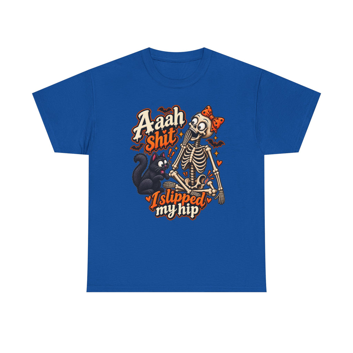 Skeleton Cat Tee — “Aaah Shit I Slipped My Hip” Halloween Graphic T-Shirt
