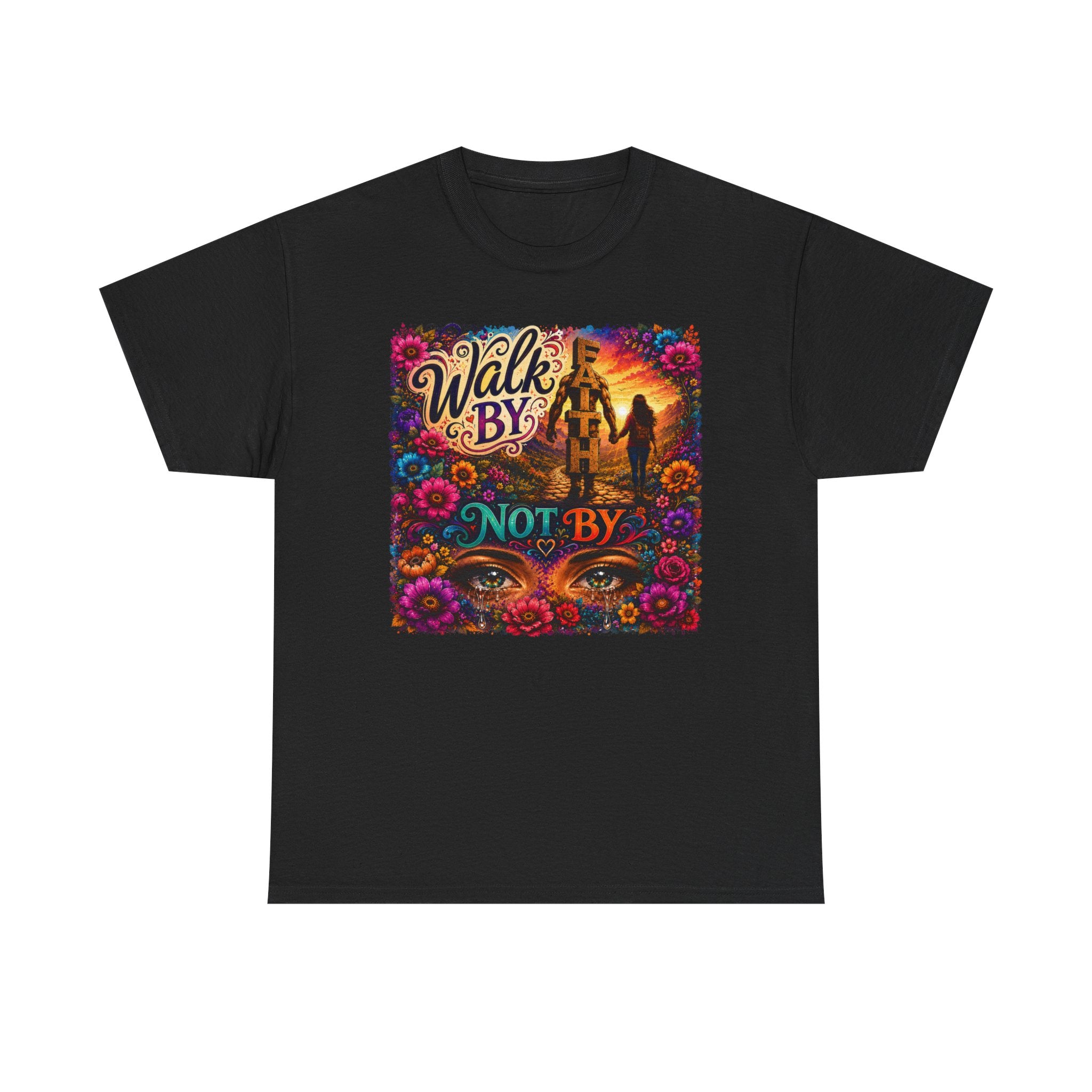 T‑Shirt — "Walk By Faith Not By Sight" Colorful Sunset Silhouette Christian Tee