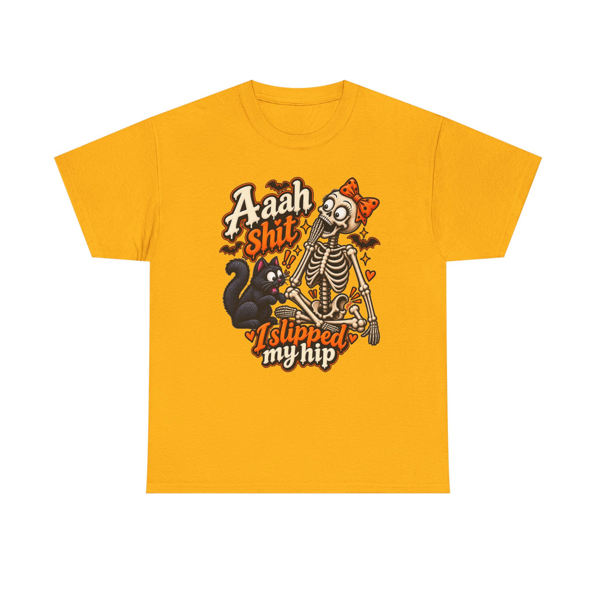 Skeleton Cat Tee — “Aaah Shit I Slipped My Hip” Halloween Graphic T-Shirt