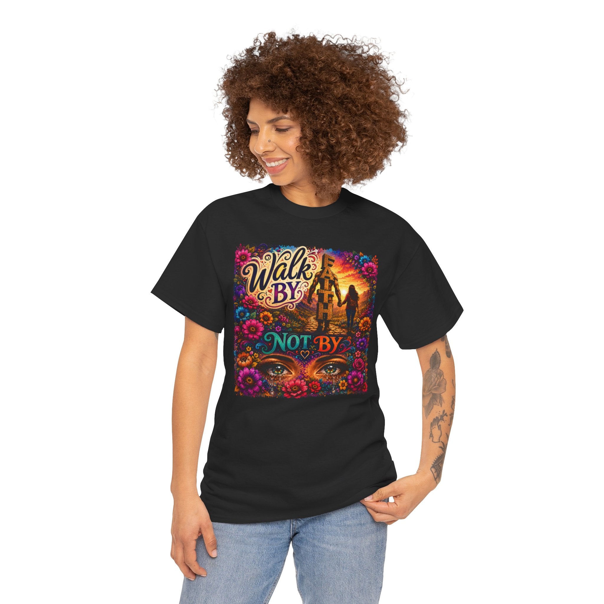 T‑Shirt — "Walk By Faith Not By Sight" Colorful Sunset Silhouette Christian Tee