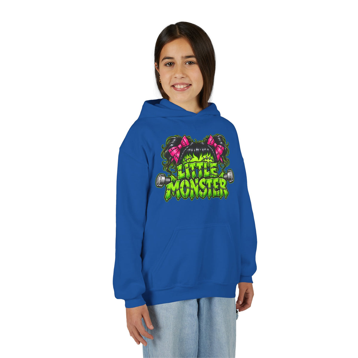 Youth Hoodie — "Little Monster" Cute Green Monster Graphic Sweatshirt