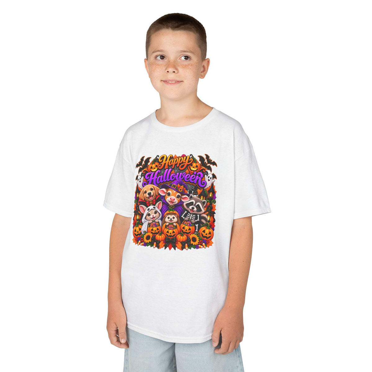 Kids T-Shirt — Colorful 'Happy Halloween' Animal Pumpkin Crew